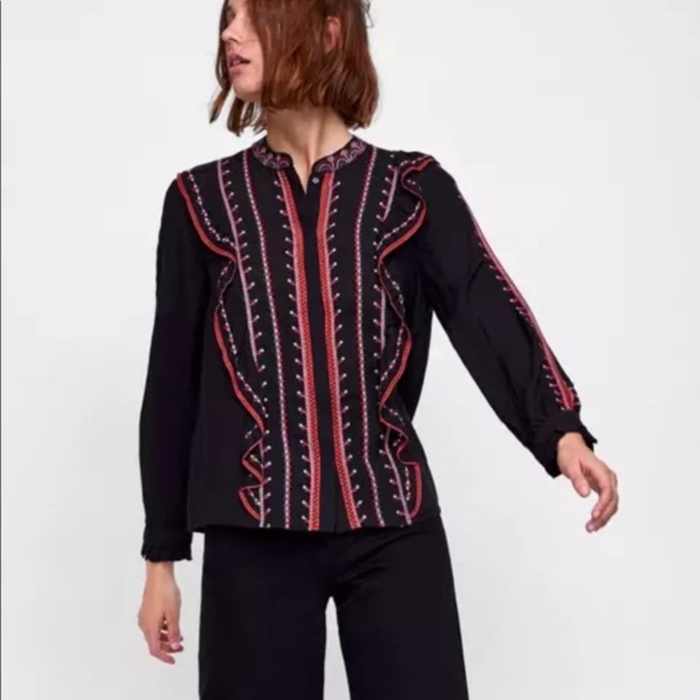 Zara Embroidered Blouse with Ruffles